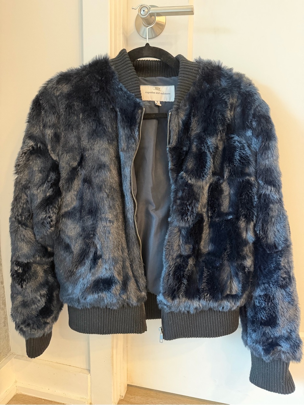 Faux Fur Bomber Jacket - Navy